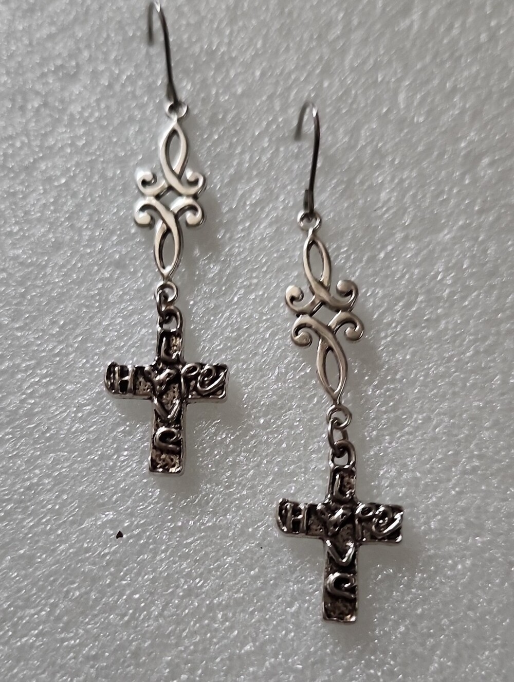 Hand Crafted Silver Tone Ornate Cross Drop Earrings